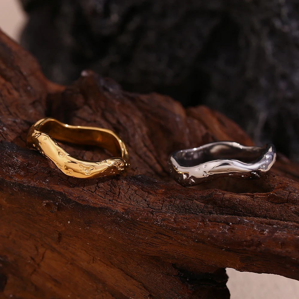 E.B.belle Beat Pattern Wave Plain Ring Waterproof Tarnish Free 18K Gold Plated Women's Rings 316L Stainless Steel Accessories