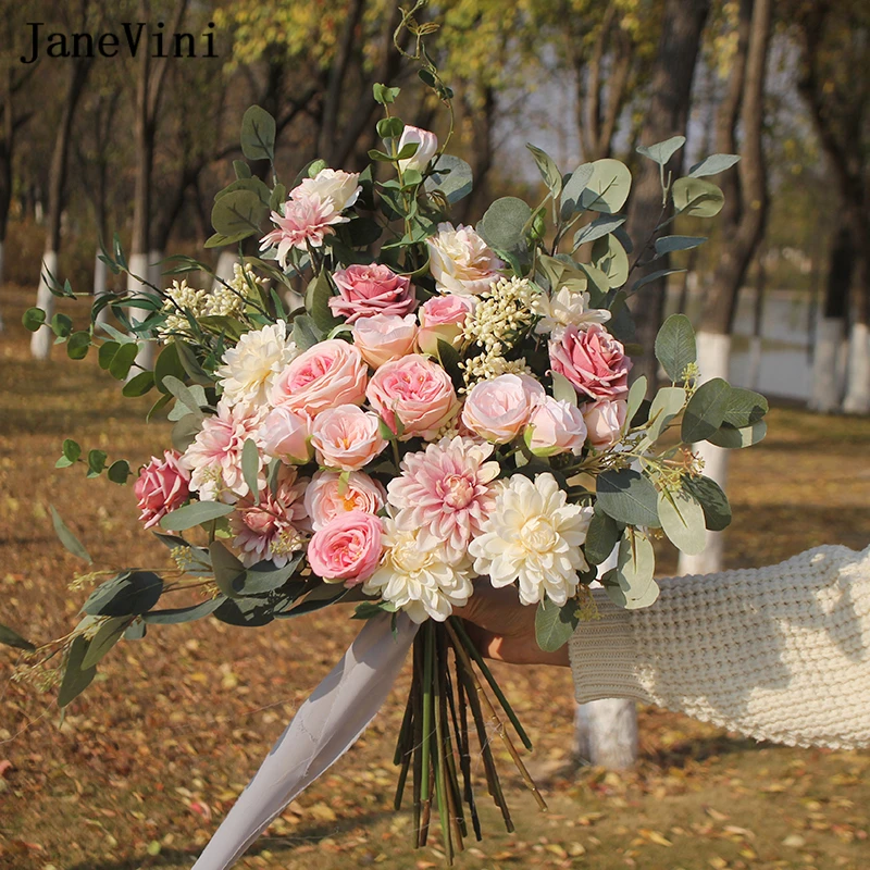 JaneVini Luxury Artificial Bridal Bouquets Eucalyptus Silk Roses Wedding Bouquet Charm Pink Flowers European Bride Bouquet Marie