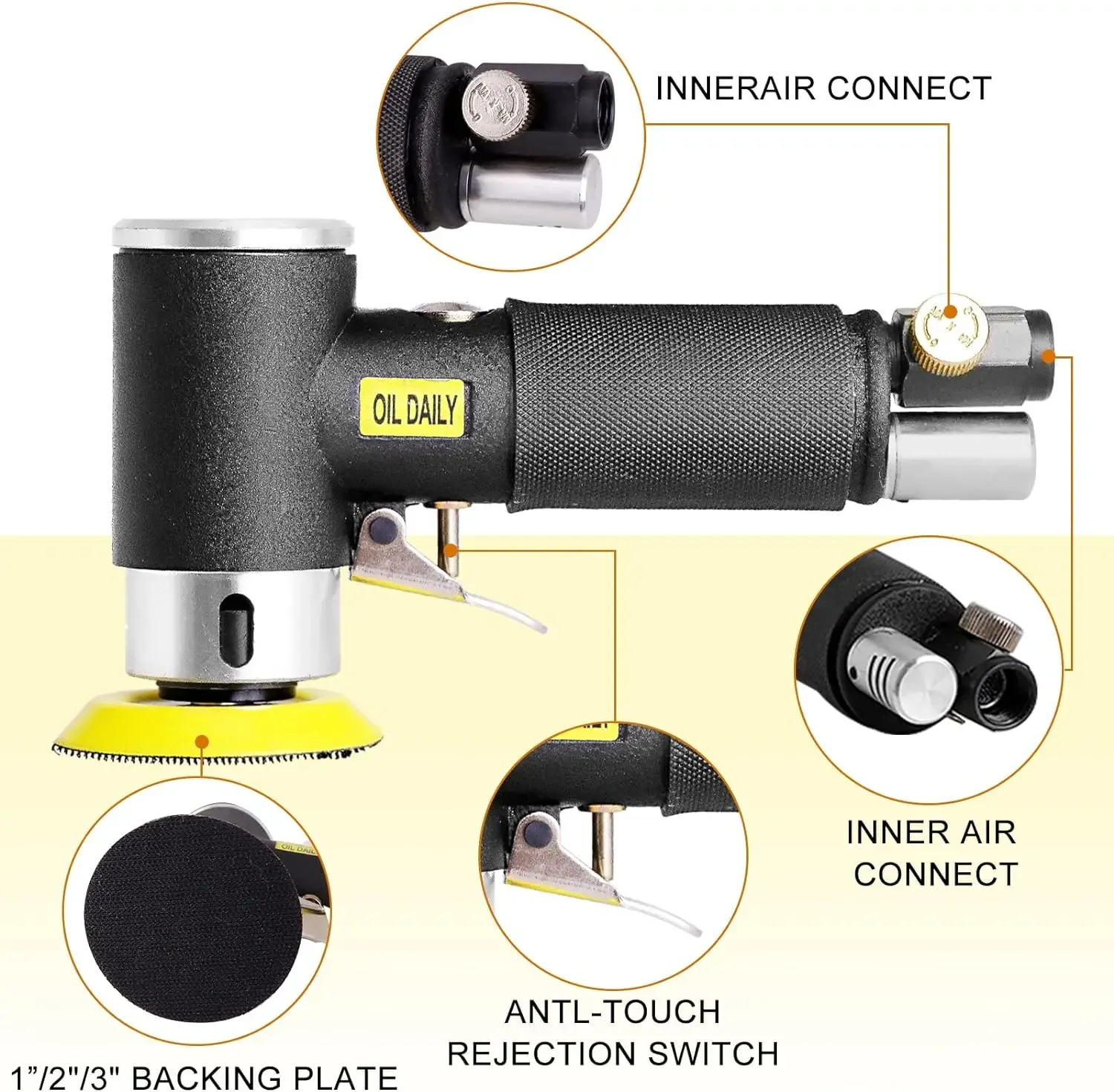Random Orbital Air Sander 1"/2"/3" Mini Pneumatic Grinding Machine for Car Polishing High Speed Air Powered Sanding Polisher