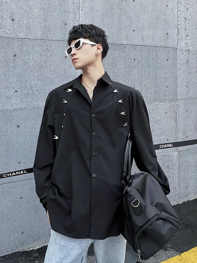 Metal Decorated Shirt Men Korean Fashion Spring and Fall New Loose Button Cardigan Long-sleeved Shirts Streetwear Men Clothing