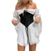 Women's Chiffon Tunic Mini Dresses Sexy Lace Up Low Cut Flare Long Sleeve Off Shoulder Mesh Yarn Boat Neck Loose Short Dresses 1