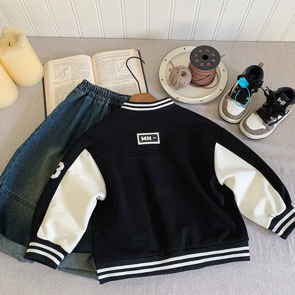 봄 가을  남아용 면 프레피 알파벳 싱글 브레스티드 바시티 재킷 학교 어린이 트랙 코트 아동복 상의 1-12세