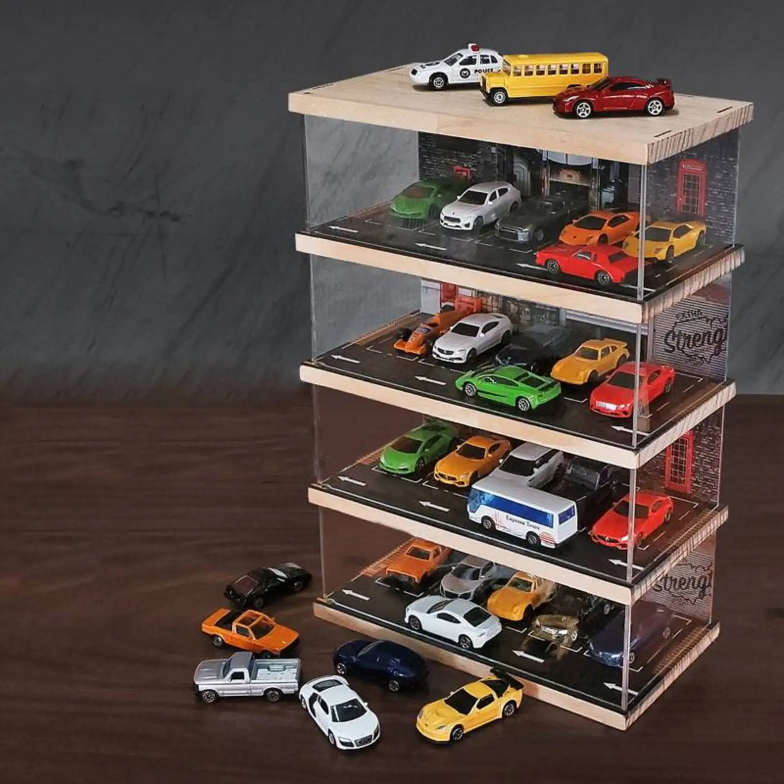 1/64 Toy Car Simulation Parking Lot Model Garage Scene Multi-layer Assembled Acrylic Display Box Parking Space Table Decoration