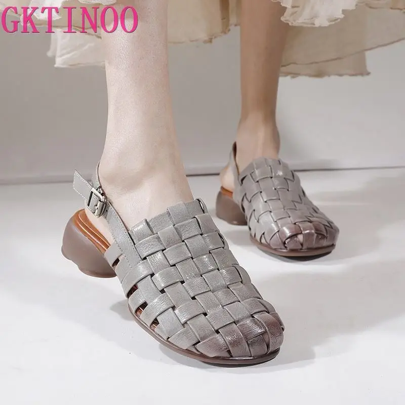 

GKTINOO Genuine Leather Woven Thick Heels Women Shoes Summer 2023 New Vintage Handmade Comfort Round Toe Low Heeled Sandals