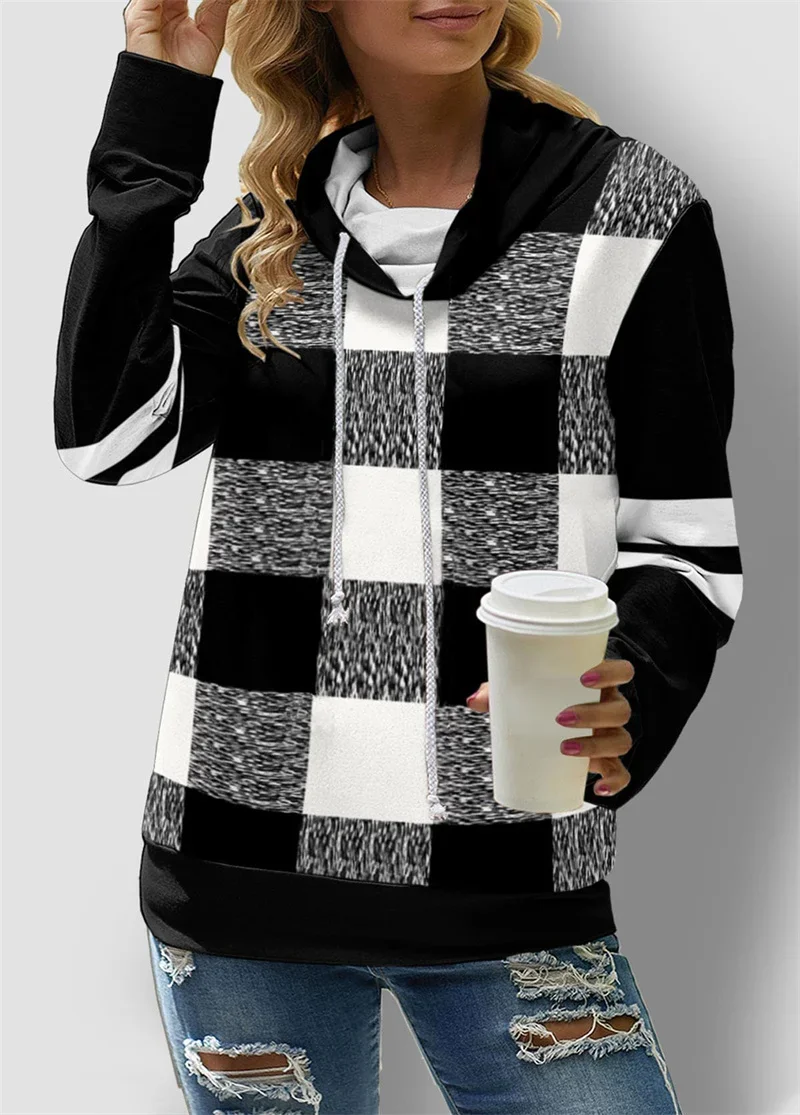 Fashion Elegant Print Turtleneck Drawstring Sweatshirt Women Autumn Winter Outerwear Female Korean Comfortable Casual Hoodie 5XL