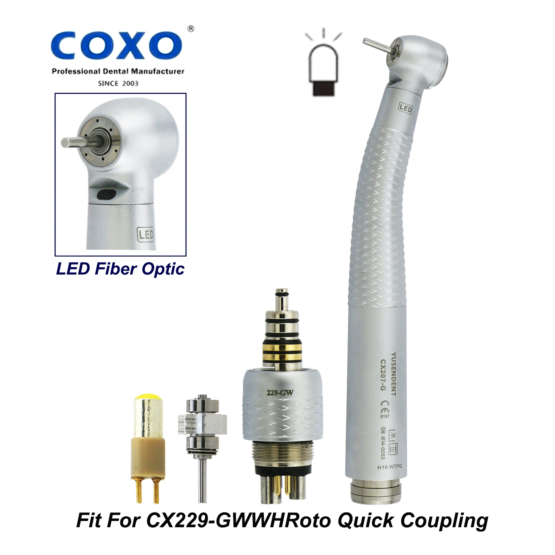 

COXO YUSENDENT Dental High Speed Fiber Optic LED Air Turbine Big Torque Head Handpiece Fit CX207-GWWHRoto Quick Coupling 6Holes