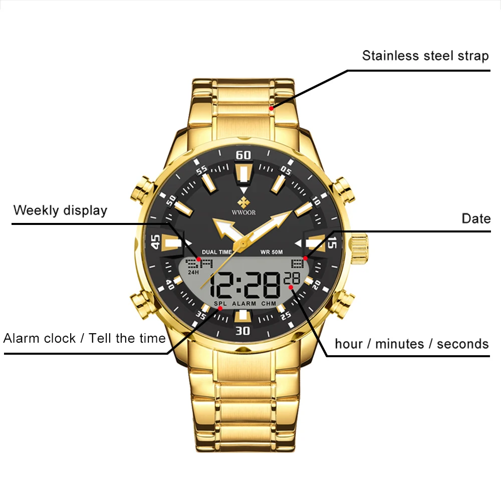 WWOOR Luxury Men's Sports Digital LED Quartz Waterproof Watch