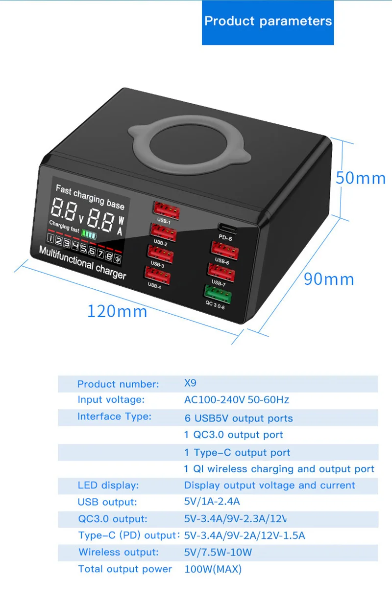 100W 8 ports Quick Charger, Fast Charging Station For for all Smart Devices, Multi-Interface Wireless Charger