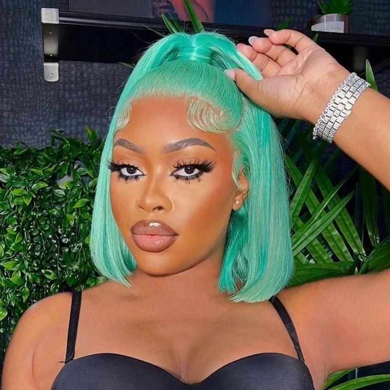 Green Colored Straight Short Bob Pixie Cut T Part HD Transparent Lace Wigs Human Hair 13X4 Frontal Wig For Woman Pre Plucked