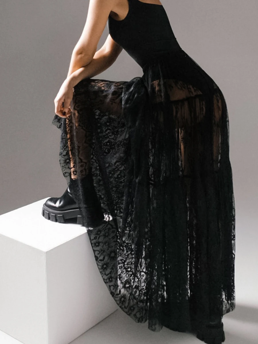 Bornladies Summer New Black Lace Chic Long Skirt Sexy Perspective Niche Temperament Half Skirt Fashionable Women's Loose Skirt