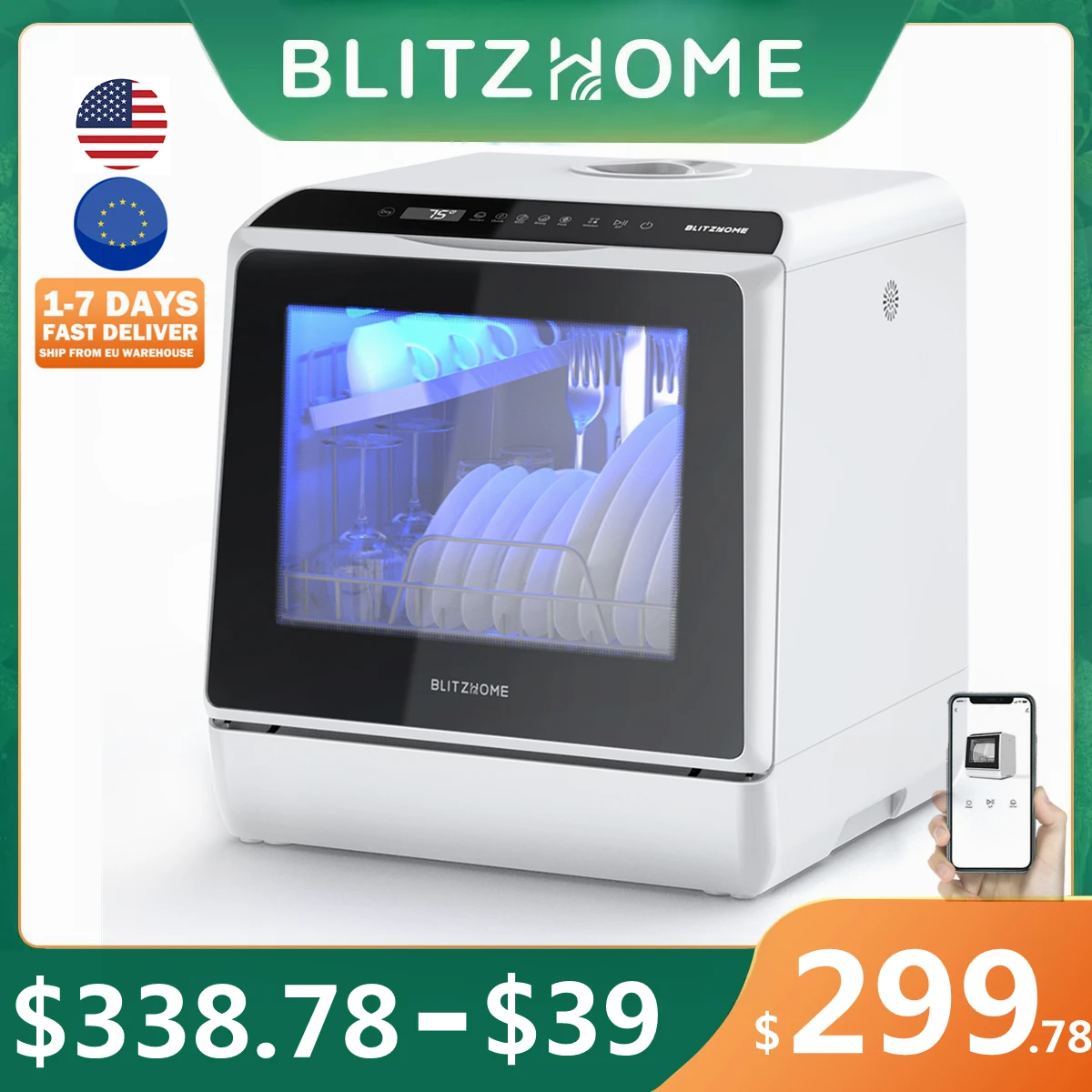 Blitzhome Smart Portable Countertop Dishwasher With App Control