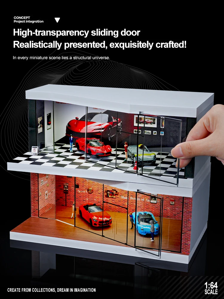 1/64 Auto Shop Miniature Scene Model Simulation Parking Lot with Lights Garage Storage Display Box 