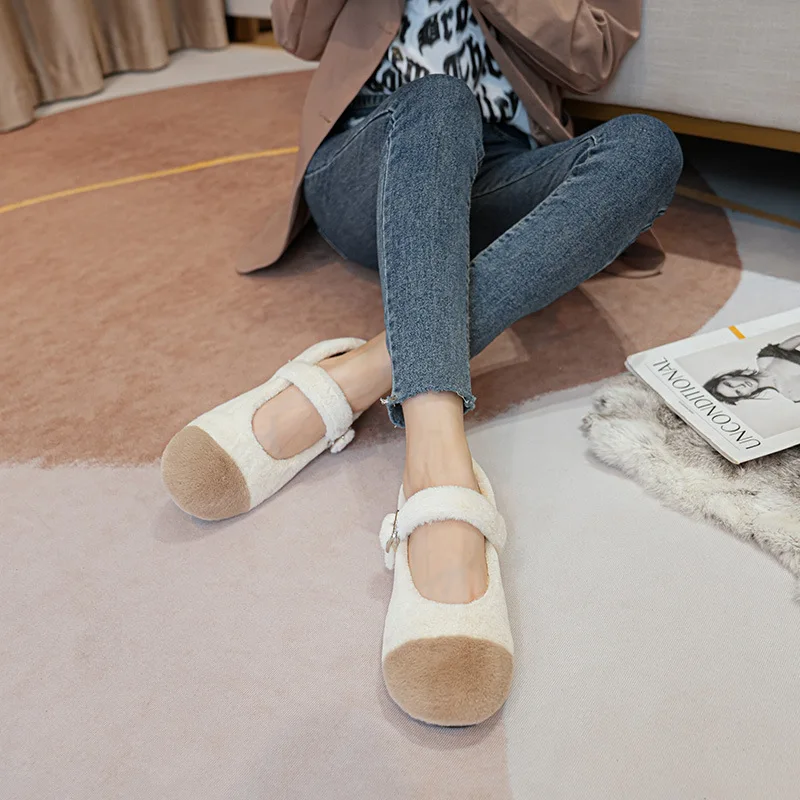 Mary Jane Woolen Shoes for Women Wearing out Autumn and Winter 2022 New Soft Sole Shoes with Large Size 33-43 Ladies Casual Shoe