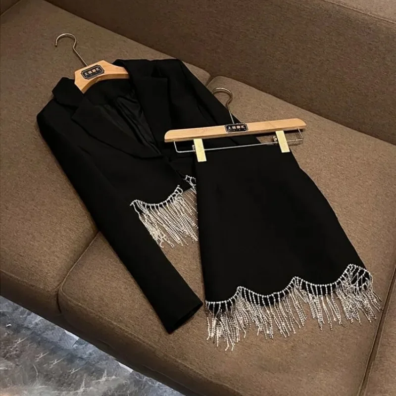 BESTBAFU الخريف موضة شرابة مجموعة الحفلات المرأة الشق الرقبة سترة قصيرة عالية الخصر ألف خط تنورة صغيرة مكتب مجموعة رسمية 026F