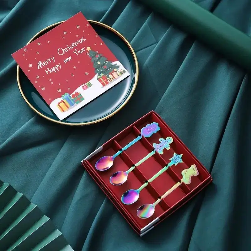 Creative Fashion Simple Christmas Small Spoon Gift Set Stainless Steel Spoon Tableware Round Cake Dessert Ice Cream Spoon