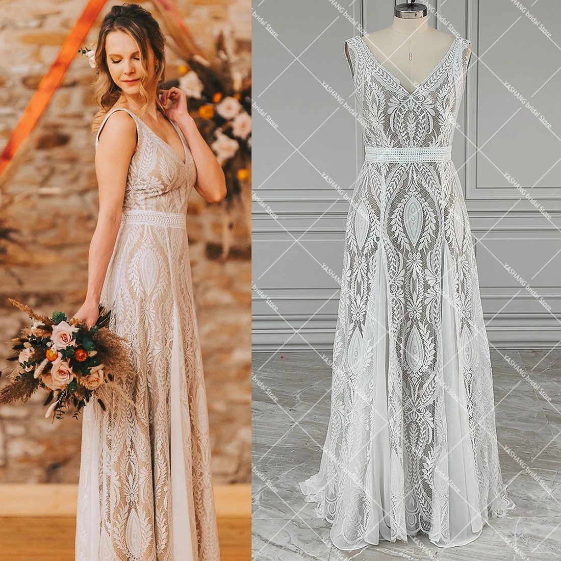 

A Line Boho V Neck Sleeveless Hippie Wedding Gowns Backless Custom Made Mono Lace Beach Scalloped Hem Bohemian Wedding Dress