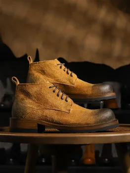 Luxury Handmade Men Ankle Boots Genuine Leather Thick Sole Outdoor High Top Work Shoes Retro Motorcycle Casual Boots