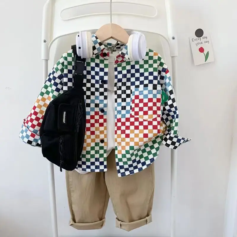 Kids Boys Spring Korean Casual Shirt Fashionable Mosaic
