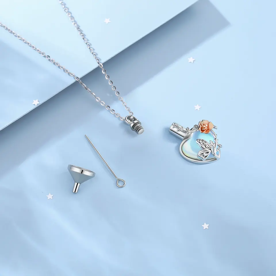 Collana Con Urna Funeraria A Forma Di Colibrì E Rosa – Argento 925 E Cristallo Blu – Gioiello Commemorativo Per Ceneri – Donna - 4