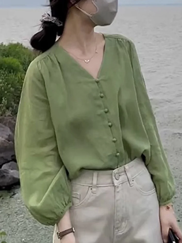 

Lantern Sleeve Loose Shirt For Women Single Breasted V-neck Green Blusas Big Size 2023 Autumn Thin New Tide Clothes X208