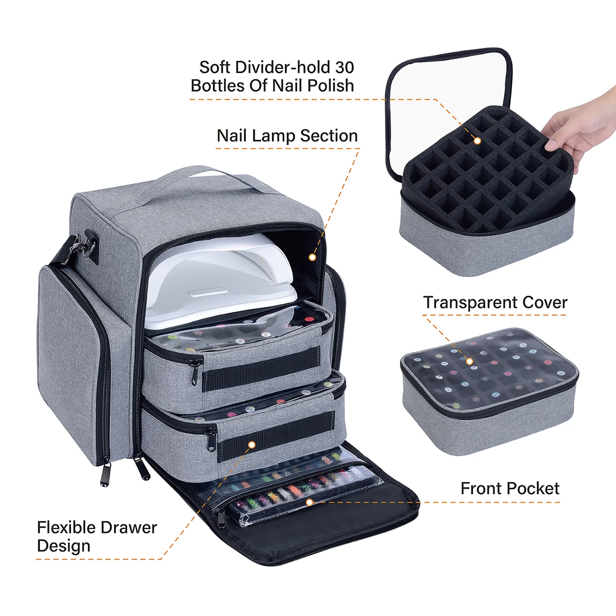 Nail Polish Organizer Large Capacity holds 60 bottles and large manicure lamps. Nail Polish Case with 2 independent removable ba 5