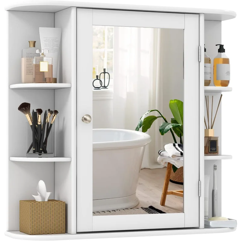 

Tangkula Bathroom Medicine Cabinet with Mirror, Wall Mounted Bathroom Storage Cabinet w/Mirror Door & 6 Open Shelves, Adjust
