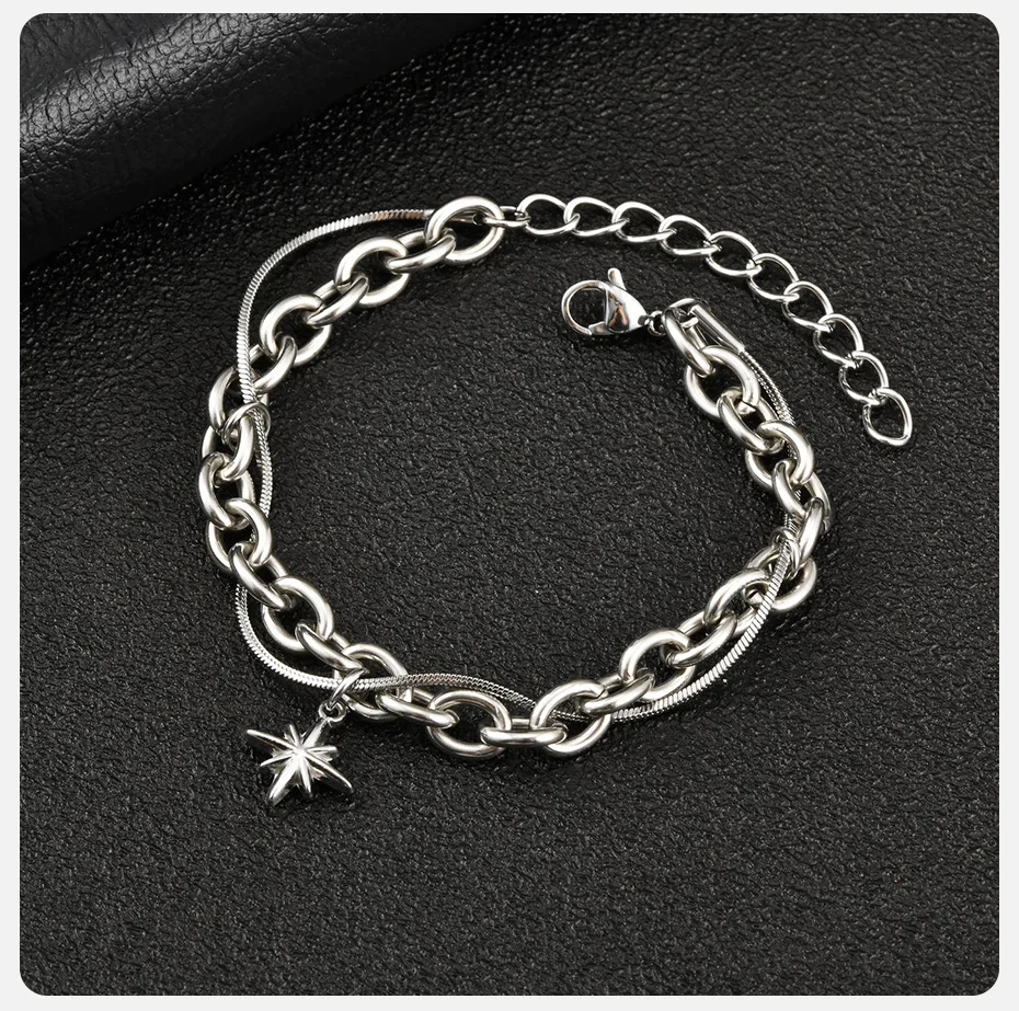 Vnox Edelstahl-Armband mit doppellagigem Stern, silberfarben, verstellbar, 17–22 cm, Hip-Hop-Charm-Kette, cooles Armband für Männer und Frauen – Detail 5