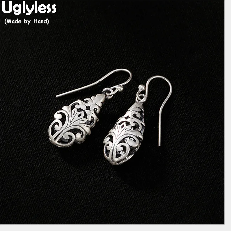 Uglyless Palace Designer Vintage Ethnic Vines Earrings For Women Real Solid 925 Silver Fine Jewelry Hollow Water Drop Earrings