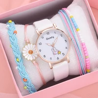 New 5pcs Women Watch Bracelet Set Leather Cute Rabbit Girls Wristwatch Fashion Ladies Quartz Clock Reloj Mujer Students' Gift 1