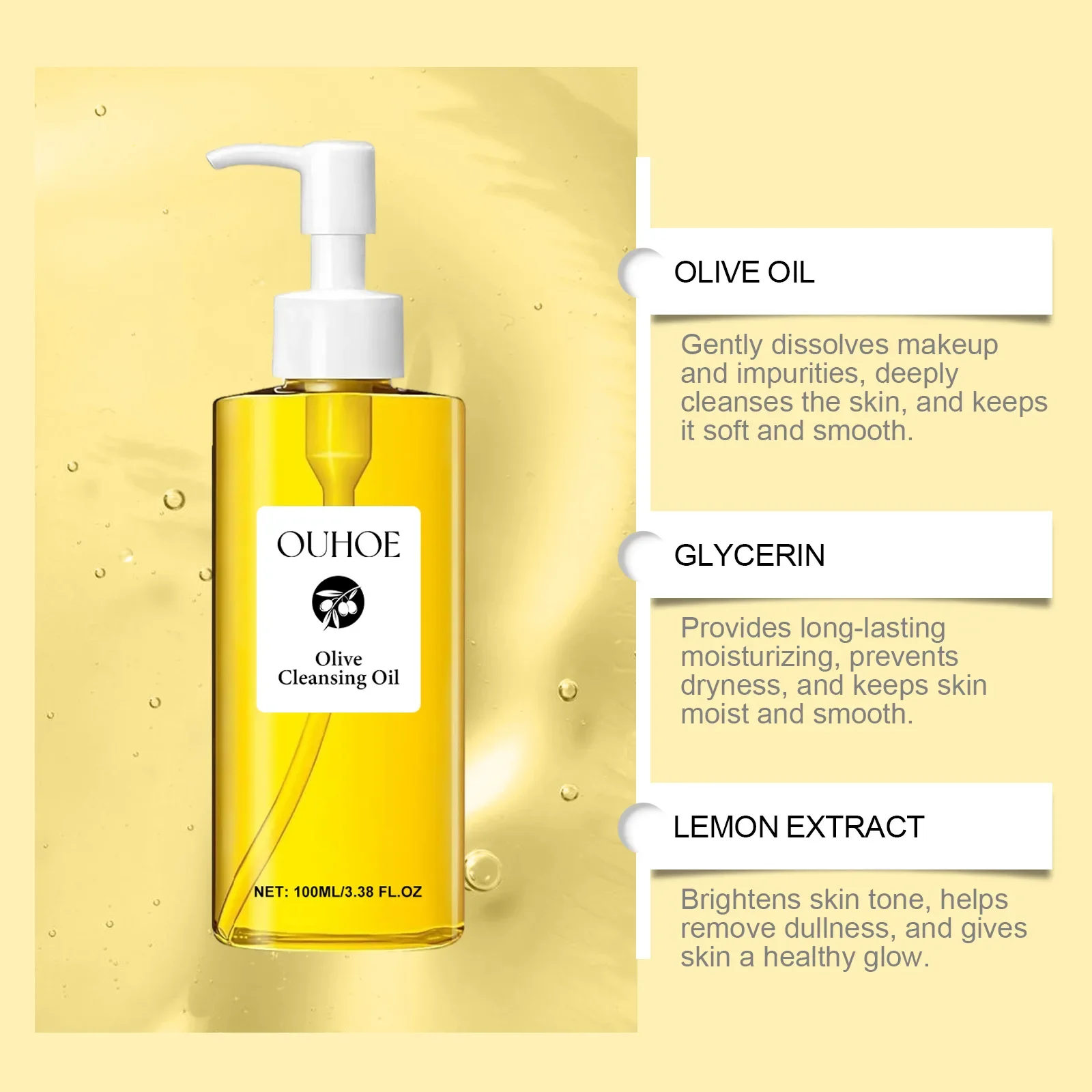 OUHOE Olive Makeup Remover Oil, Gently Moisturizing and Skin Cleansing Facial and Lip Olive Makeup Remover Oil Cleaning Tools 4