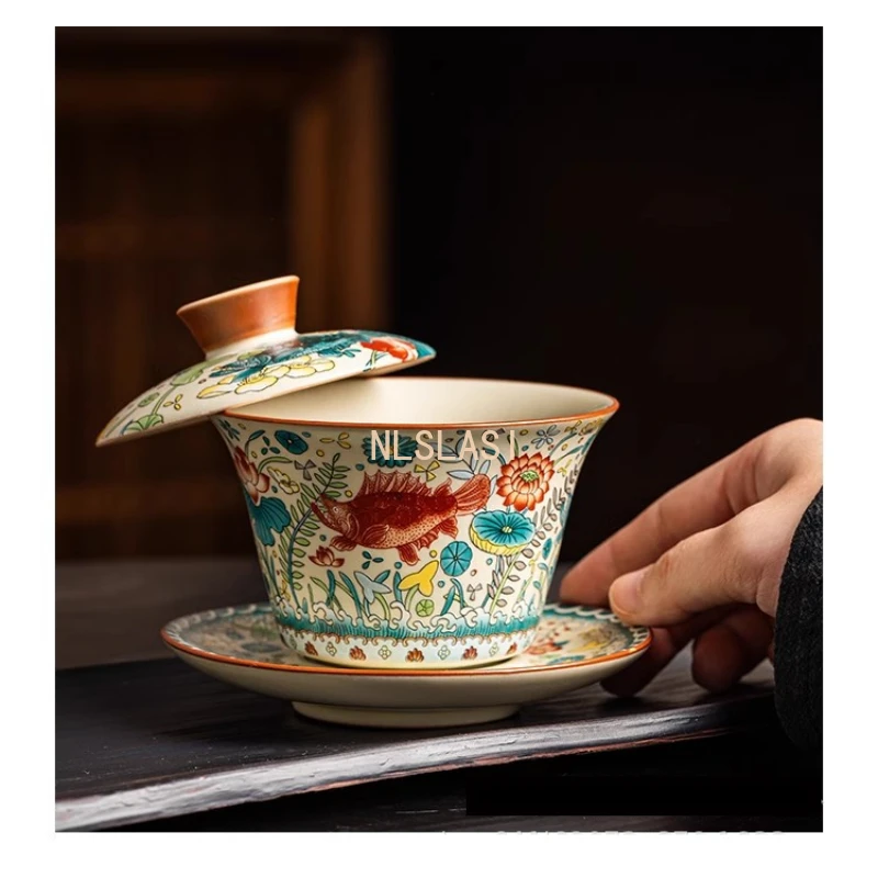1 pcs Ru kiln opened tea cup Hovering heat-resistant household ceramic lid bowl Tea cup Rotating tea bowl with lid 170ml