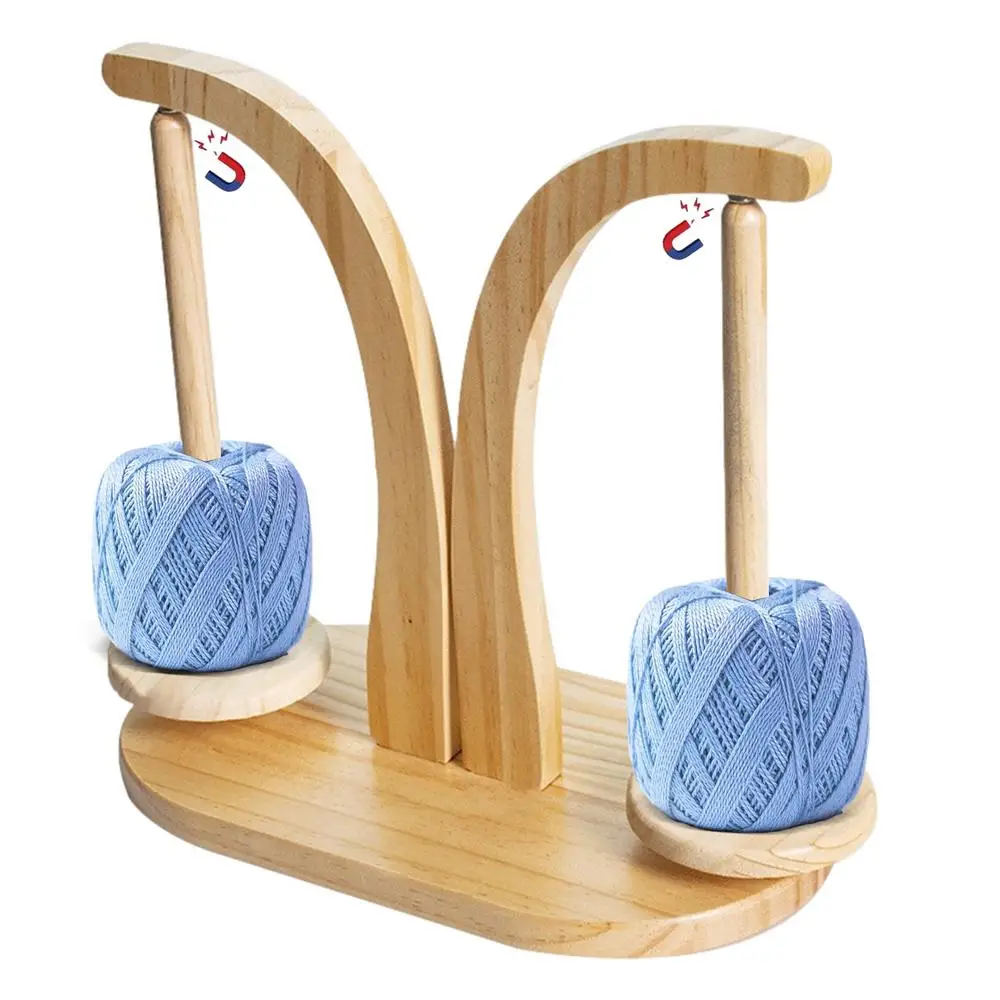 Wood Double Yarn Spindle Rotating Wooden Sewing Yarn Holder Spinner Magnetic Thread Spool Wool Ball Winder Knitting Tools