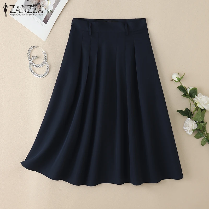 ZANZEA Summer Solid Midi Skirt Elegant Women High Waist Work OL Skirts Fashion A-line Jupes Stylish Party Faldas Saia Plus Size