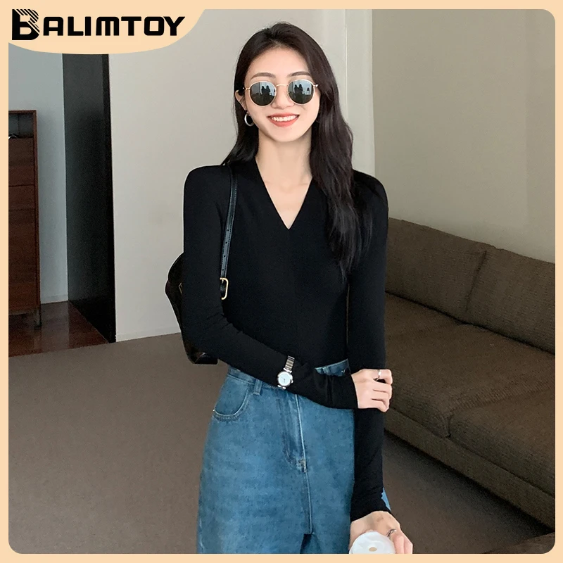 

Autumn Winter Women Sexy V-Neck T-Shirt Fashion Casual Women Solid Slim Long Sleeves Bodycon Tee Shirt Women Tops Tees
