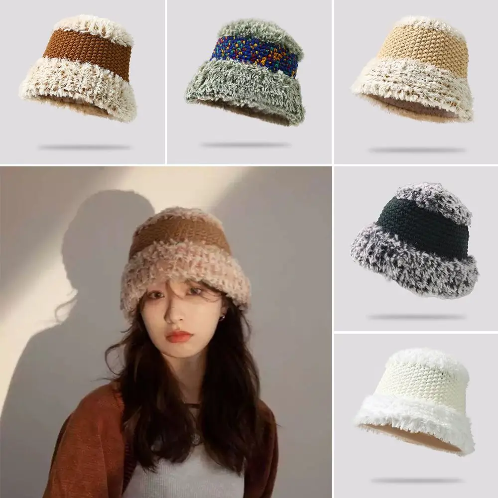 

Warm Plush Hat New Handmade Rabbit Hair Bucket Hats Knitted Fisherman Hat Girl