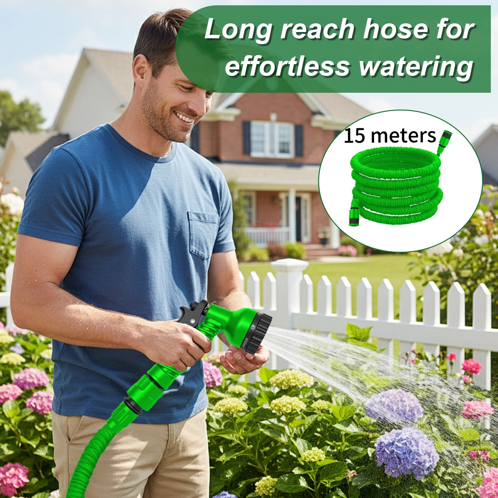 Garden Hose 15M（Green Hose), Thickened Material, Light and Easy to Store, Dual-Use Car Washing and Flower Watering