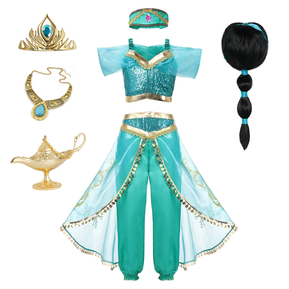 thumbnail image 1 of Disney-vestido de princesa Jasmine para niña, disfraz de Aladdín, lámpara de sirena, Elena, Moana, fiesta de cumpleaños, Carnaval, 1 of 4