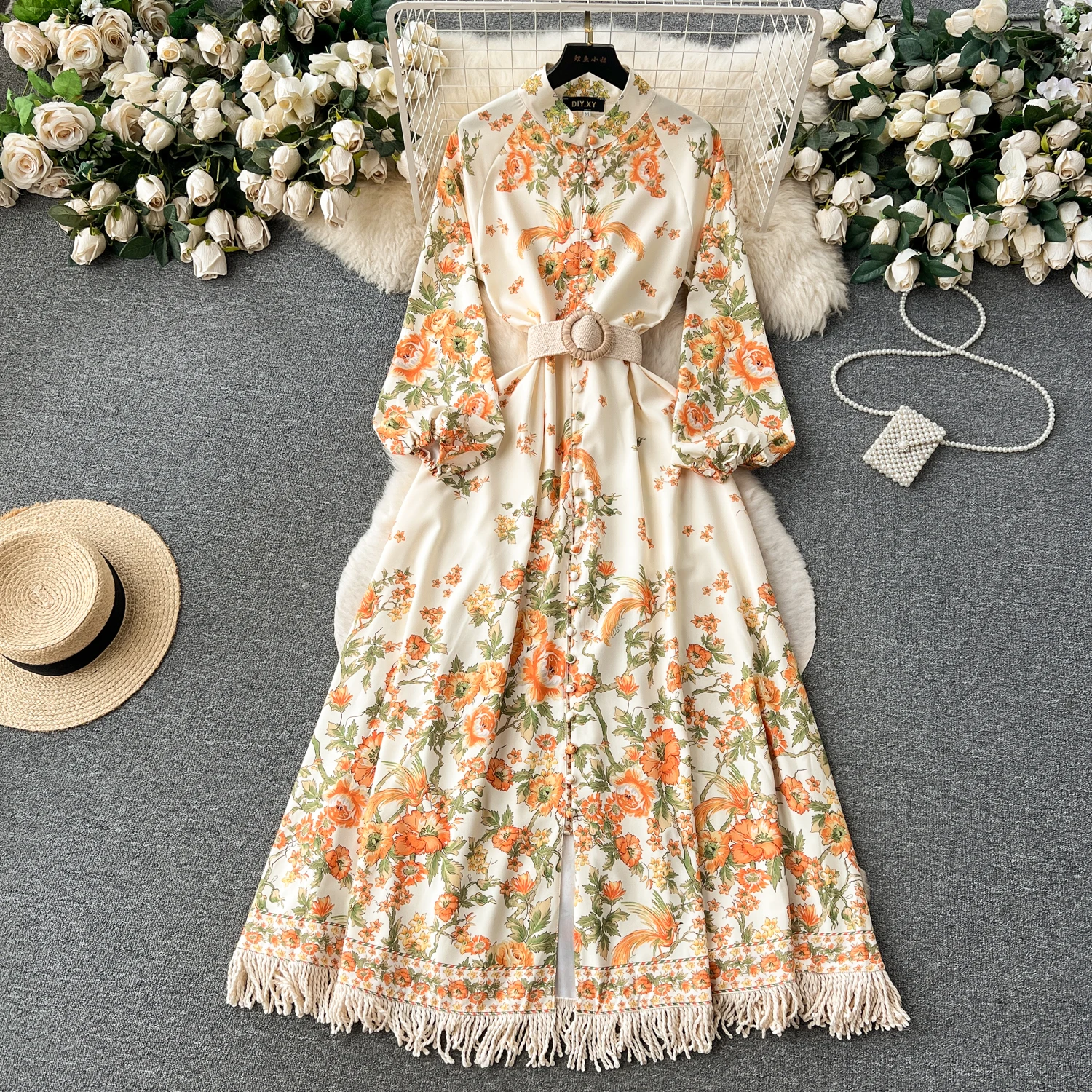 

Autumn Long Floral Dress for Women Full Sleeve Tulle Belted Maxi Traf Cotton Breasted Stand Collar Elegant Vestidos Chic New In