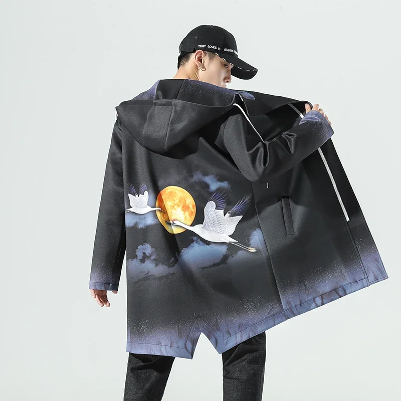 New Mens Hooded Jacket Long Oversized Trench Men Harajuku Style Long Trench 2023 Male Spring Autumn Printed Coat Fashion Clothes