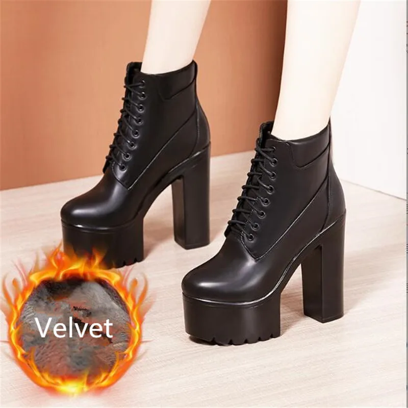 Women's Motorcycle Boots Genuine Leather Winter Ladies Plush Snow Boots Women Lace Ankle Boots Fashion Platform High Heel Shoes