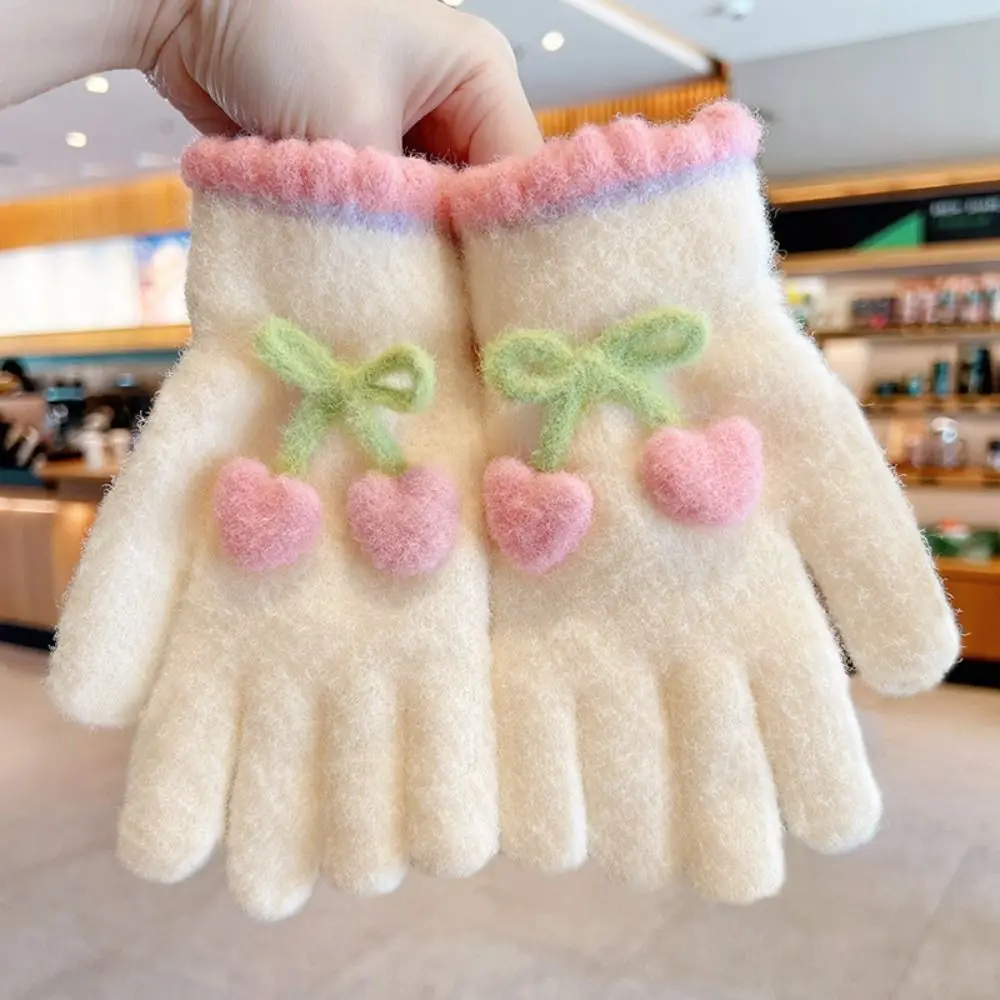 Cute Cherry Kids Knitted Gloves Thickened Winter Warm Children Full Fingers Gloves Plush Outdoor Sports Windproof
