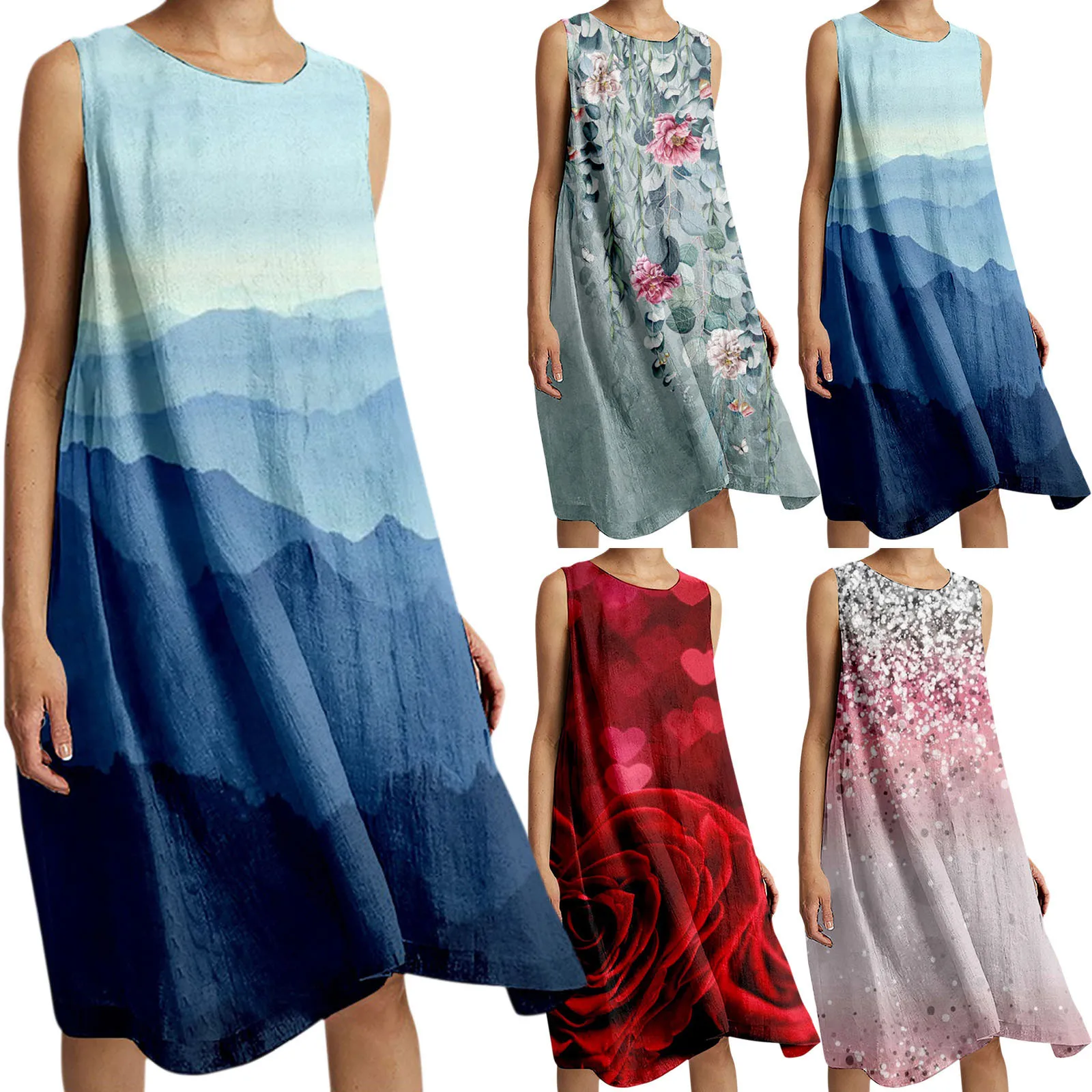 

Women'S Elastic Loose Gradient Rose Print Dress Suitable For Casual Beach Print Seaside Long Dress Back Cocktail Dress for Women