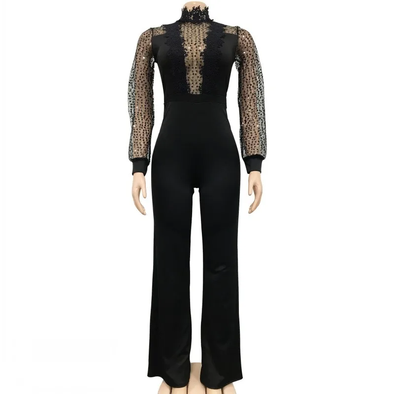 Shiny Hollow Perspective Jumpsuit For Women For Women Sexy Solid Color Party Long Sleeve Mesh Lace Rompers High Waist Trousers