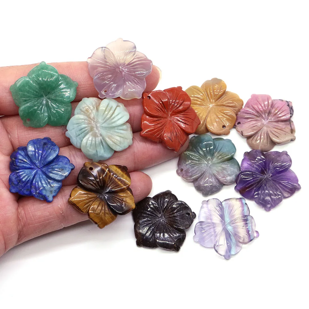 28mm Drilled Peach Blossom Flowers Natural Crystal Stones Fluorite Amethyst Rose Quartz Carved Gemstone for Diy Handicrafts Gift 4