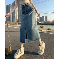 Summer Women High-waist Retro A- line Skirt Pockets Front Slit Washed Blue Denim Skirts Hip-covering Straight Long Jeans Skirt - Image 5