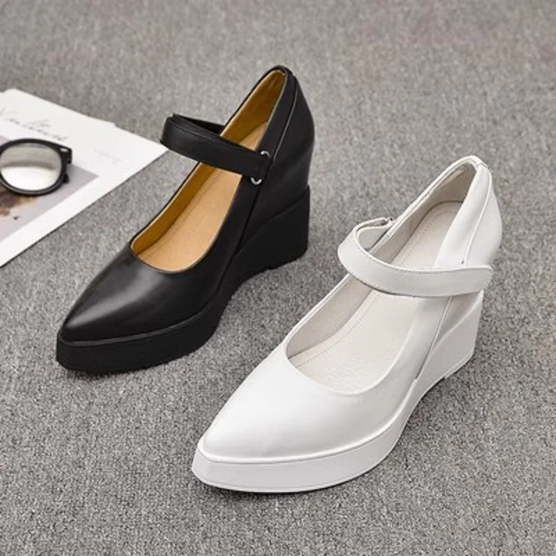 

10cm Ultra High Heel Pointed Inner Elevated Single Shoe Autumn New Thick Sole Genuine Leather Slim Slope Heel Women's Shoe Trend