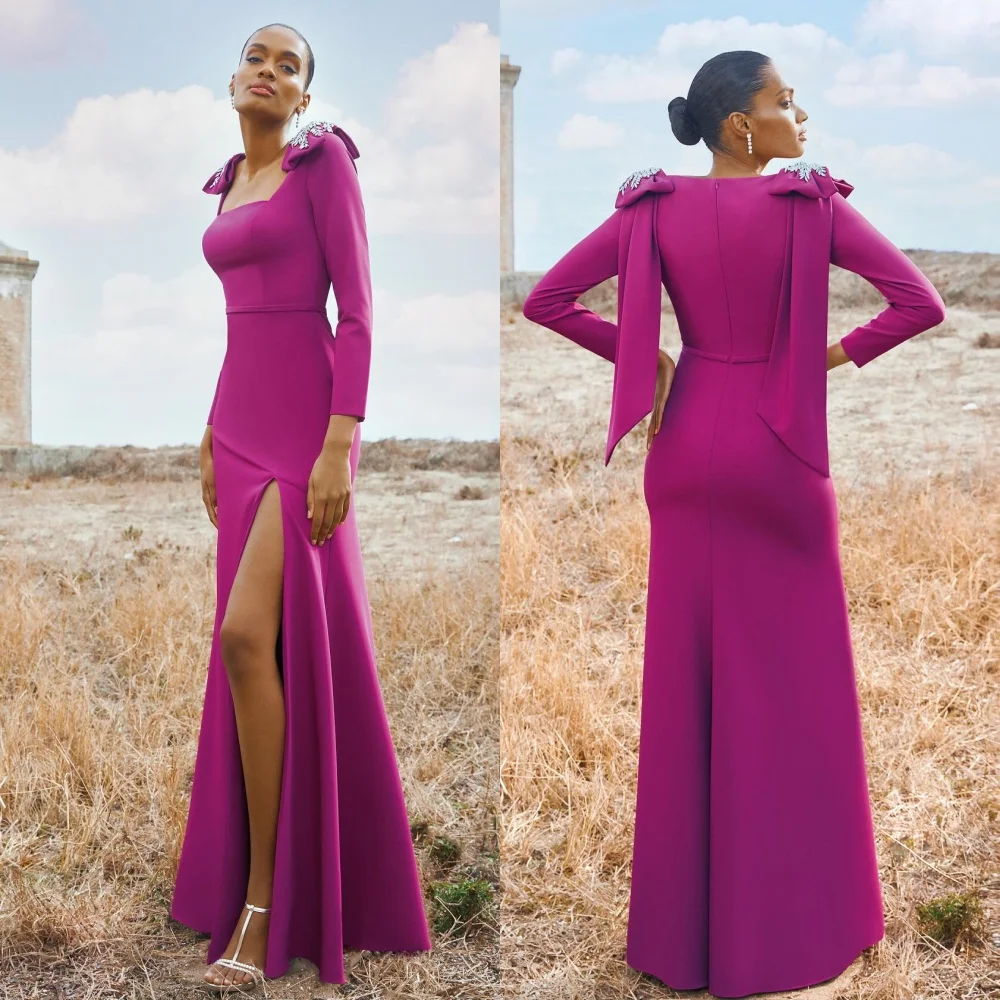 Evening Jersey Rhinestone Bow Engagement A-line Square Neck Bespoke Occasion Gown Long Dresses