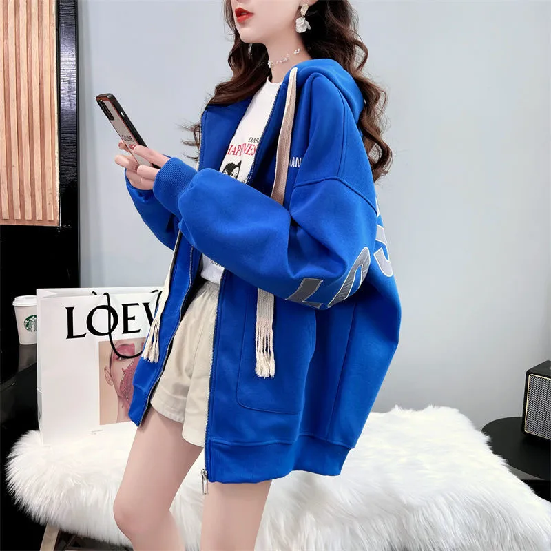 

Hooded Jacket Female Spring Autumn Thin New Print Letter Drawstring Zipper Loose Fashion Commuter Top Cardigan Women's Clothing