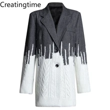 

Creatingtime 2022 Spring Autumn New Fashion British Style Sweater Patchwork Woolen Smoke Gray Single Breasted Blazer GA213