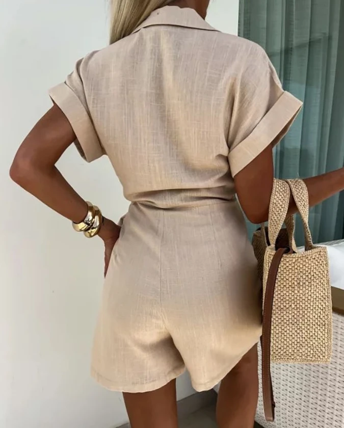 Women's Casual Jumpsuit 2024 Summer Lace Up Details Pleated V-Neck Cross Tie Jumpsuit Shorts Short Sleeved Vacation Jumpsuit